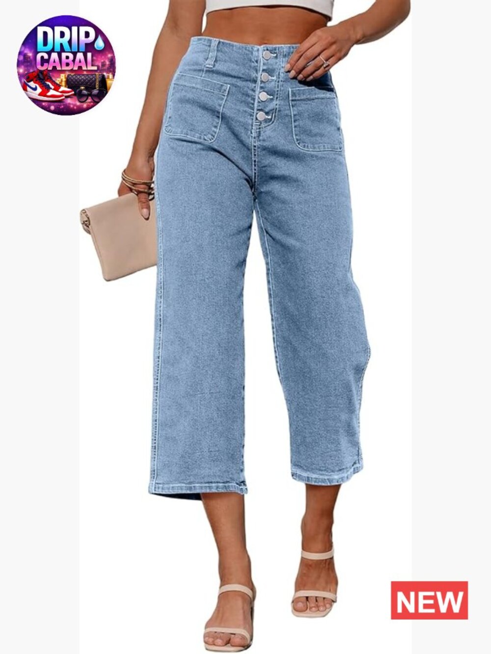 High Waisted Wide Leg Cropped Capri Jeans Stretchy Loose Denim Pants